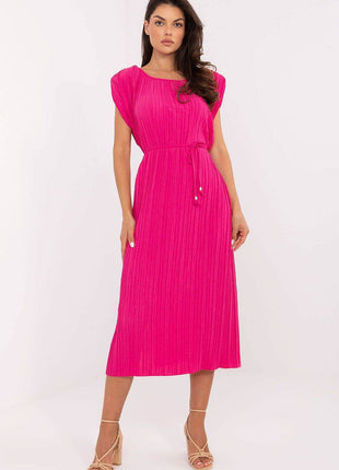 Pleated Midi Summer Dress with Belt and Side Slits - MimiStylez