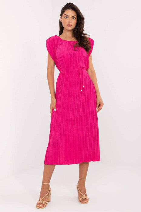 Pleated Midi Summer Dress with Belt and Side Slits - MimiStylez