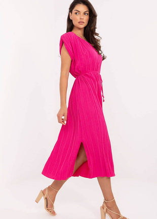 Pleated Midi Summer Dress with Belt and Side Slits - MimiStylez