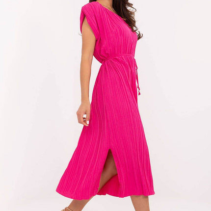 Pleated Midi Summer Dress with Belt and Side Slits - MimiStylez