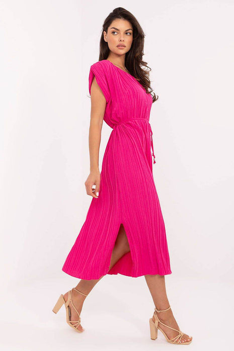 Pleated Midi Summer Dress with Belt and Side Slits - MimiStylez