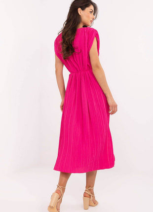 Pleated Midi Summer Dress with Belt and Side Slits - MimiStylez