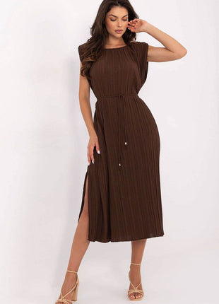Pleated Midi Summer Dress with Belt and Side Slits - MimiStylez