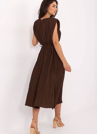 Pleated Midi Summer Dress with Belt and Side Slits - MimiStylez