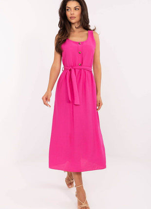 Flared Summer Midi Dress with Button Detail and Waist Tie - MimiStylez