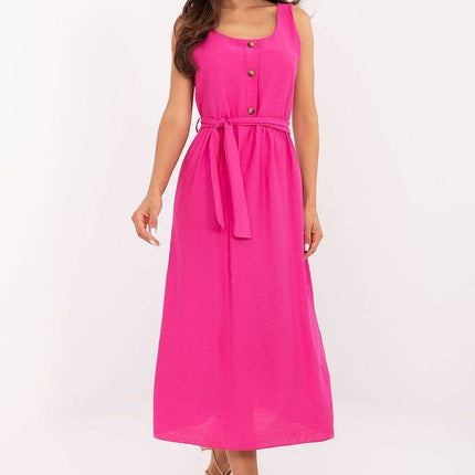 Flared Summer Midi Dress with Button Detail and Waist Tie - MimiStylez