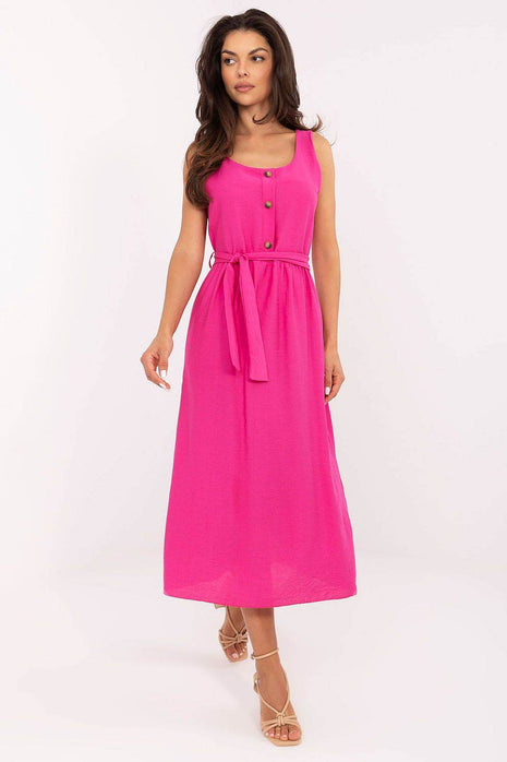 Flared Summer Midi Dress with Button Detail and Waist Tie - MimiStylez