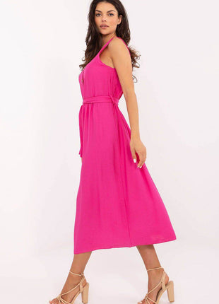 Flared Summer Midi Dress with Button Detail and Waist Tie - MimiStylez