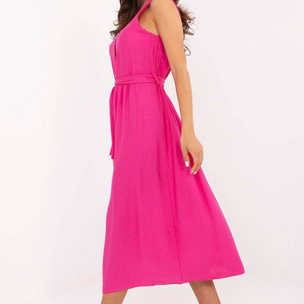 Flared Summer Midi Dress with Button Detail and Waist Tie - MimiStylez