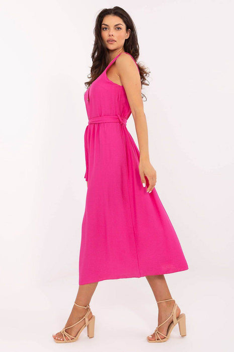 Flared Summer Midi Dress with Button Detail and Waist Tie - MimiStylez