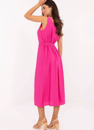 Flared Summer Midi Dress with Button Detail and Waist Tie - MimiStylez