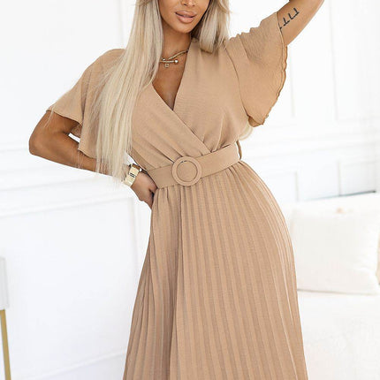 Elegant Midi Dress with Wrap Neckline, Wide Belt & Pleated Skirt - MimiStylez