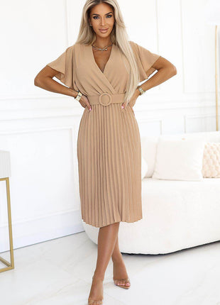 Elegant Midi Dress with Wrap Neckline, Wide Belt & Pleated Skirt - MimiStylez