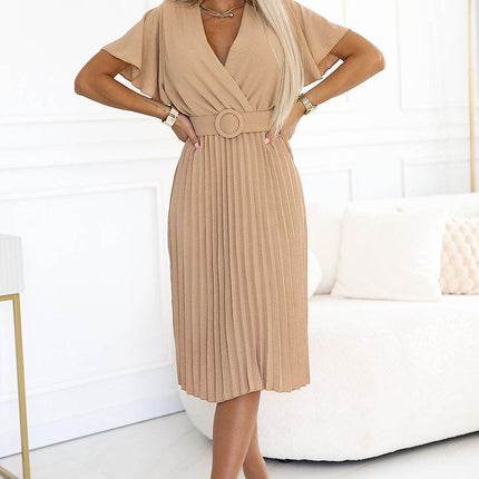 Elegant Midi Dress with Wrap Neckline, Wide Belt & Pleated Skirt - MimiStylez