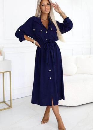 Beige Emery 3/4 Sleeve Midi Dress with Gold Buttons & Waist Tie - MimiStylez