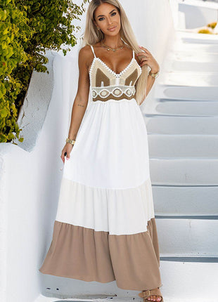 Boho Maxi Spaghetti Strap Summer Dress with Crochet Top & Flowing Skirt Design - MimiStylez