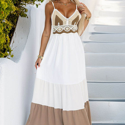 Boho Maxi Spaghetti Strap Summer Dress with Crochet Top & Flowing Skirt Design - MimiStylez