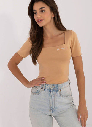 Fitted Ribbed Shirt with Square Neckline & Subtle Chest Embroidery - MimiStylez