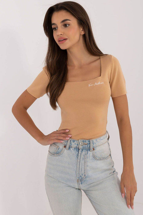 Fitted Ribbed Shirt with Square Neckline & Subtle Chest Embroidery - MimiStylez