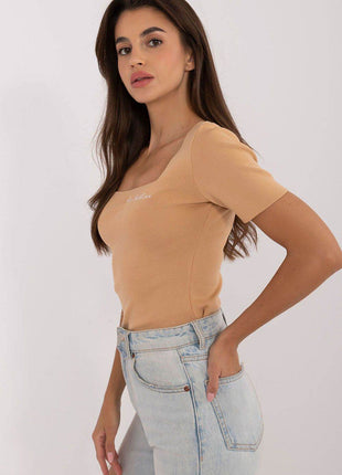 Fitted Ribbed Shirt with Square Neckline & Subtle Chest Embroidery - MimiStylez