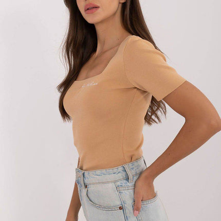 Fitted Ribbed Shirt with Square Neckline & Subtle Chest Embroidery - MimiStylez