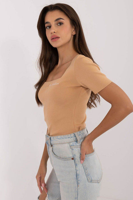 Fitted Ribbed Shirt with Square Neckline & Subtle Chest Embroidery - MimiStylez