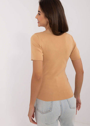 Fitted Ribbed Shirt with Square Neckline & Subtle Chest Embroidery - MimiStylez
