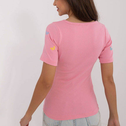 Fitted Cotton-Blend Blouse with Butterfly Embroidery & Striped Texture - MimiStylez