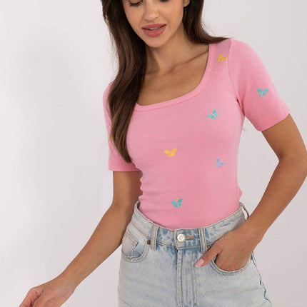 Fitted Cotton-Blend Blouse with Butterfly Embroidery & Striped Texture - MimiStylez