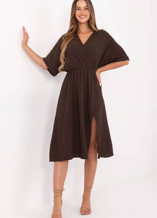 Airy Cotton Muslin Wrap Midi Dress with Elastic Waistband and Short Sleeves - MimiStylez
