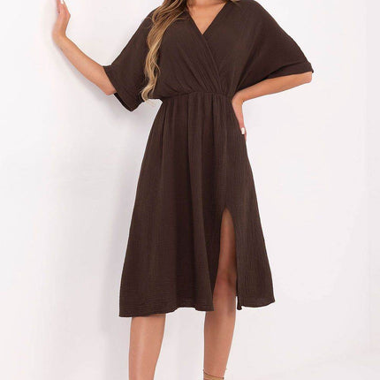 Airy Cotton Muslin Wrap Midi Dress with Elastic Waistband and Short Sleeves - MimiStylez