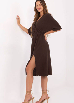 Airy Cotton Muslin Wrap Midi Dress with Elastic Waistband and Short Sleeves - MimiStylez