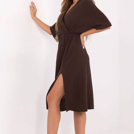 Airy Cotton Muslin Wrap Midi Dress with Elastic Waistband and Short Sleeves - MimiStylez