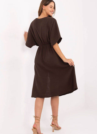 Airy Cotton Muslin Wrap Midi Dress with Elastic Waistband and Short Sleeves - MimiStylez