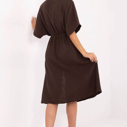 Airy Cotton Muslin Wrap Midi Dress with Elastic Waistband and Short Sleeves - MimiStylez