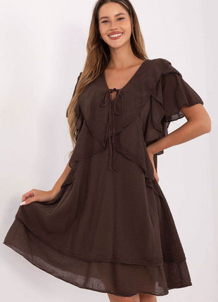 Boho Cotton Summer Dress with Ruffle Sleeves and Tie Neckline - MimiStylez