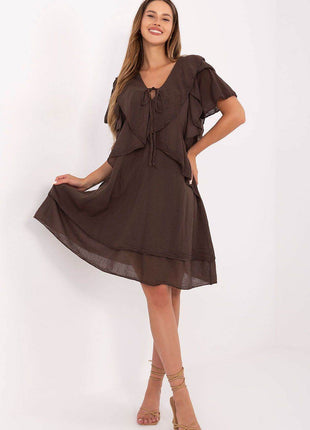 Boho Cotton Summer Dress with Ruffle Sleeves and Tie Neckline - MimiStylez