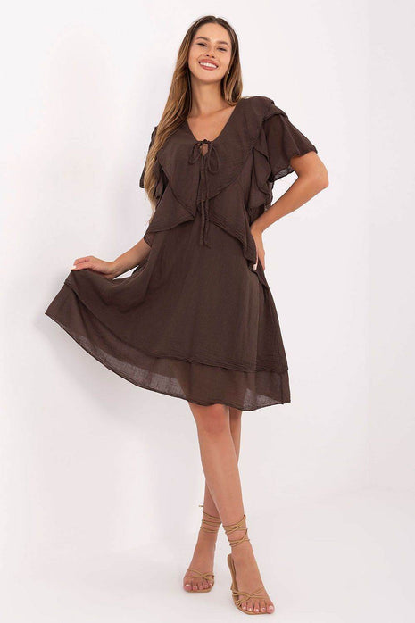 Boho Cotton Summer Dress with Ruffle Sleeves and Tie Neckline - MimiStylez