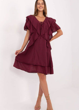 Boho Cotton Summer Dress with Ruffle Sleeves and Tie Neckline - MimiStylez