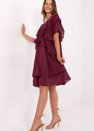 Boho Cotton Summer Dress with Ruffle Sleeves and Tie Neckline - MimiStylez