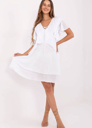Boho Cotton Summer Dress with Ruffle Sleeves and Tie Neckline - MimiStylez