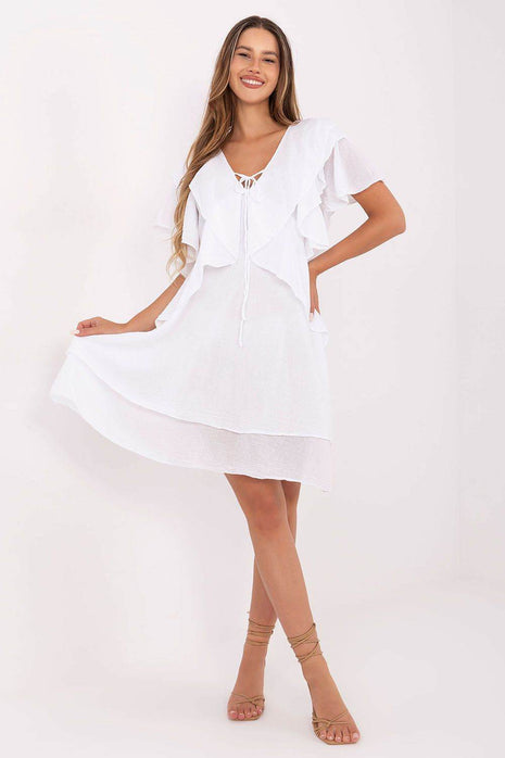 Boho Cotton Summer Dress with Ruffle Sleeves and Tie Neckline - MimiStylez