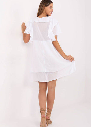 Boho Cotton Summer Dress with Ruffle Sleeves and Tie Neckline - MimiStylez