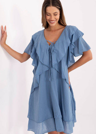 Boho Cotton Summer Dress with Ruffle Sleeves and Tie Neckline - MimiStylez