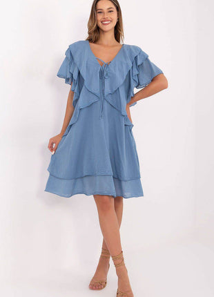 Boho Cotton Summer Dress with Ruffle Sleeves and Tie Neckline - MimiStylez