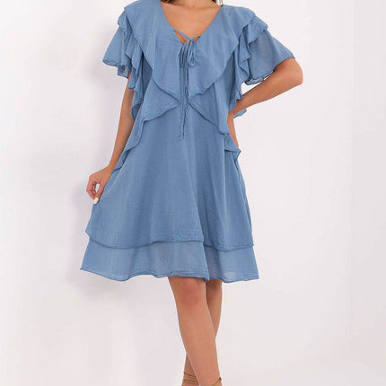 Boho Cotton Summer Dress with Ruffle Sleeves and Tie Neckline - MimiStylez