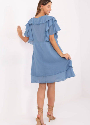 Boho Cotton Summer Dress with Ruffle Sleeves and Tie Neckline - MimiStylez