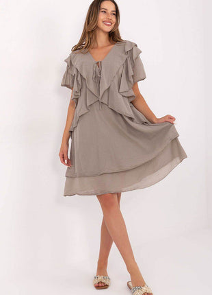 Boho Cotton Summer Dress with Ruffle Sleeves and Tie Neckline - MimiStylez