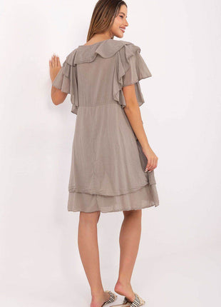 Boho Cotton Summer Dress with Ruffle Sleeves and Tie Neckline - MimiStylez