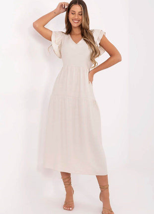 Elegant V-Neck Flared Midi Dress with Tie Waist and Back Button Closure - MimiStylez